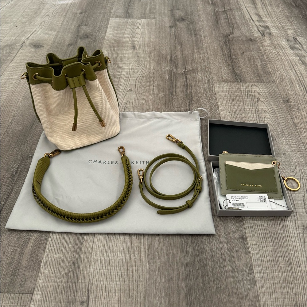 Charles & Keith Woven Handle Canvas Bucket Bag + Chain Link Card Holder 2-For-1